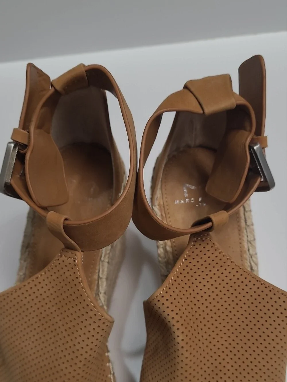 Marc Fisher Tan Leather Perforated Espadrille Platform Wedge Sandals - Size 8.5